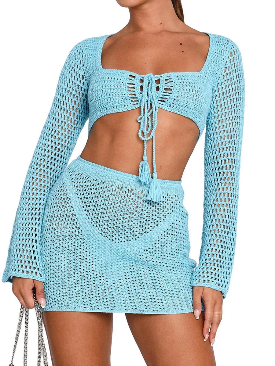 Women 2 Pieces Beachwear Outfits Square Neck Long Sleeve Tie-Up Front Knitted Cover-Ups and Sarongs Mini Skirts Set