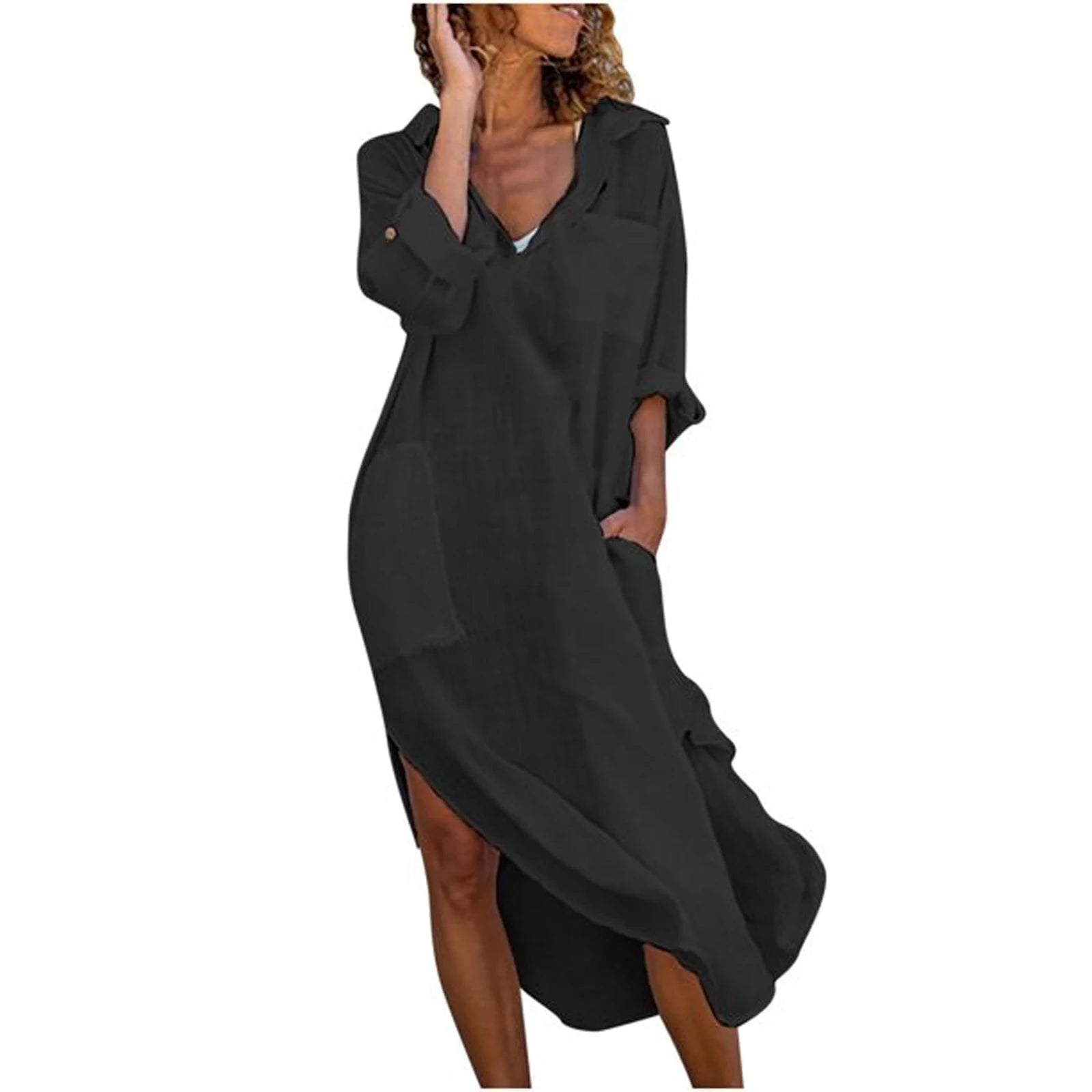 Women s Bathing Suit Cover-Up Solid Color Long Sleeve Lapel Side Slit Mid-Length Shirt Dress Beachwear