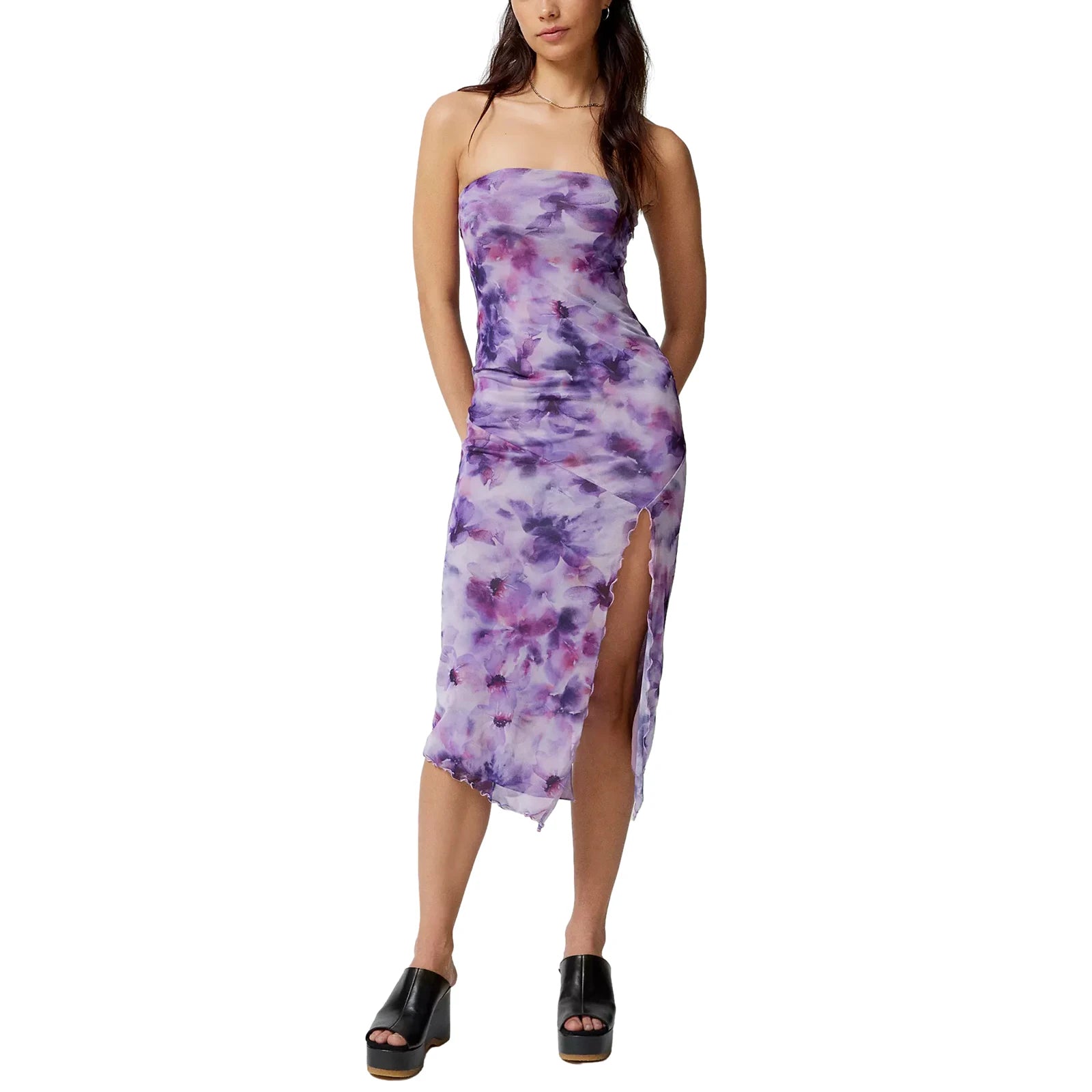 Women Floral Mesh Dress Summer Backless Strapless Split Party Dress for Cocktail Beach Streetwear Aesthetic Clothes