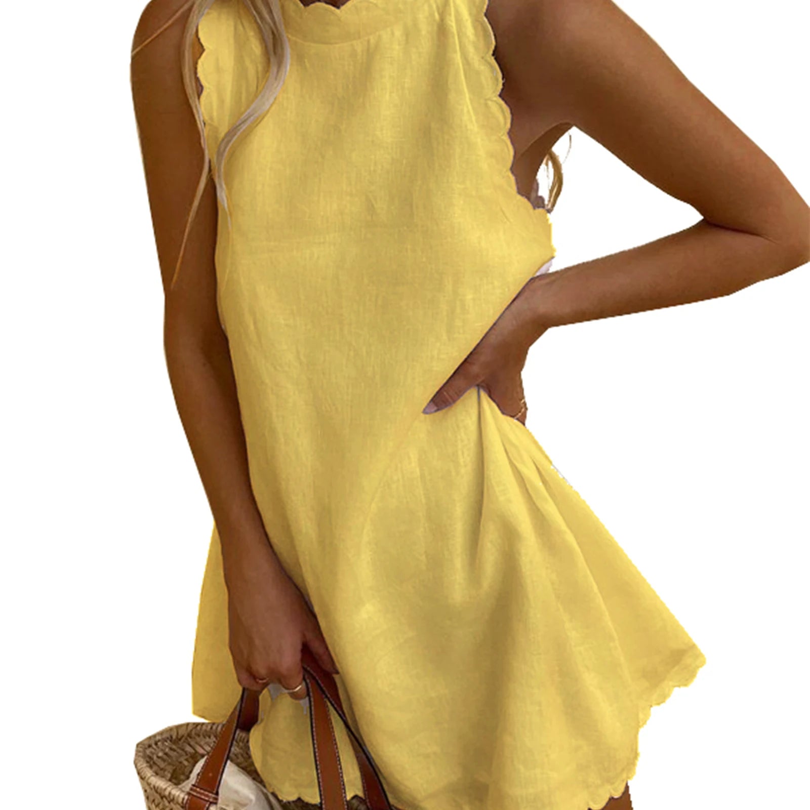 Women Mini Dress Sleeveless Crew Neck Solid Loose A-line Dress Streetwear for Club Party