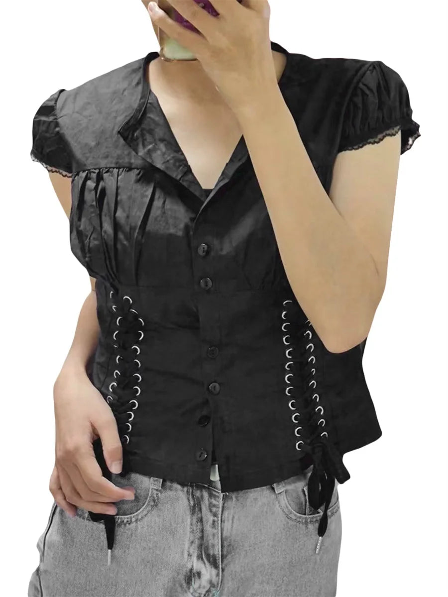 Women Lace Tops 1 4 Sleeve Round Neck Ruffle Buttons Party Casual Spring Summer Black Shirt
