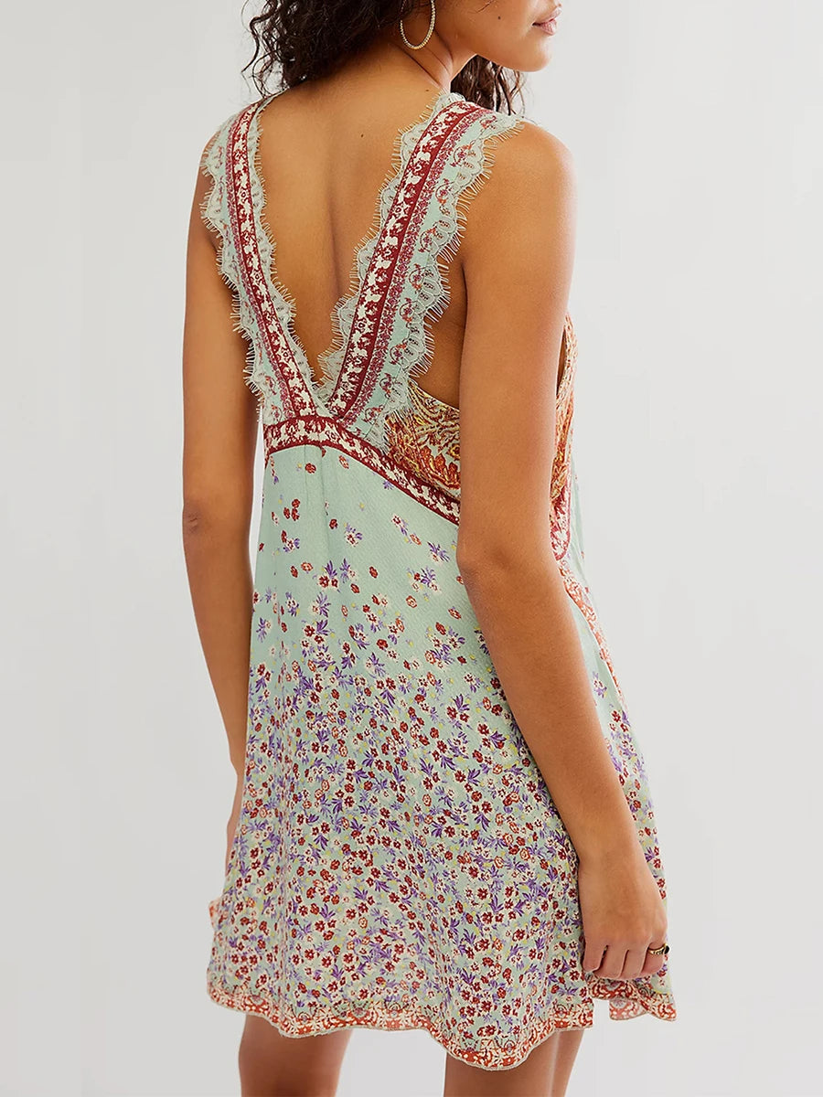 Women’s Sleeveless Lace Trim Dress Eyelash Deep V-Neck Floral Print Backless  Mini Dress