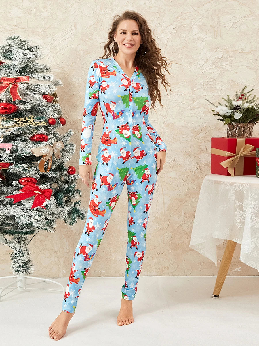 Women s Christmas Pajamas Romper Long Sleeve Button Down Jumpsuit Sleepwear Cartoon Print Nightwear