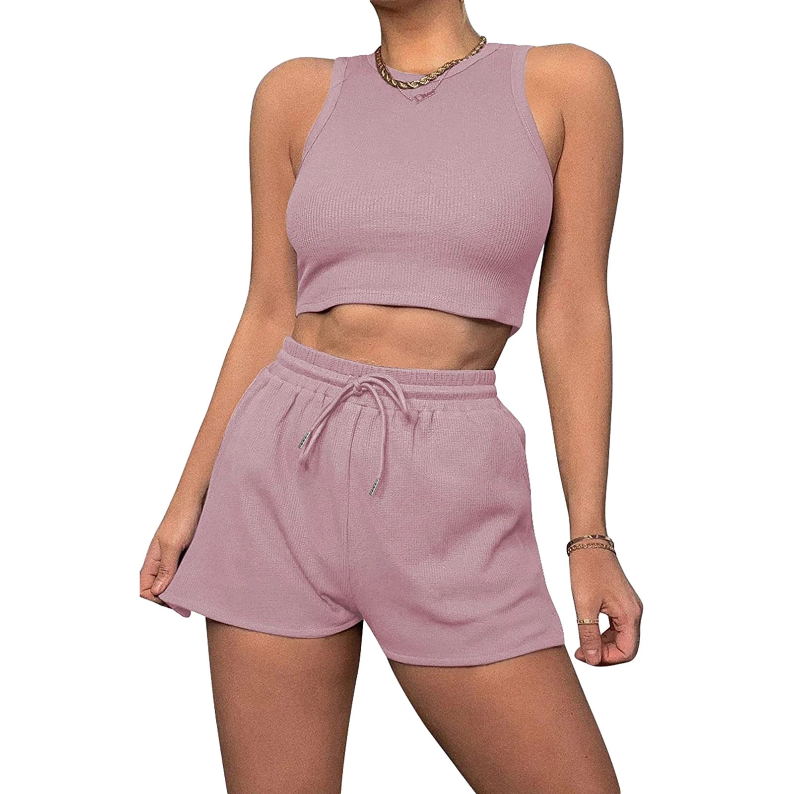 Women’s Two Piece Summer Outfits Sleeveless Waffle Tank Tops and Shorts Set Loungewear