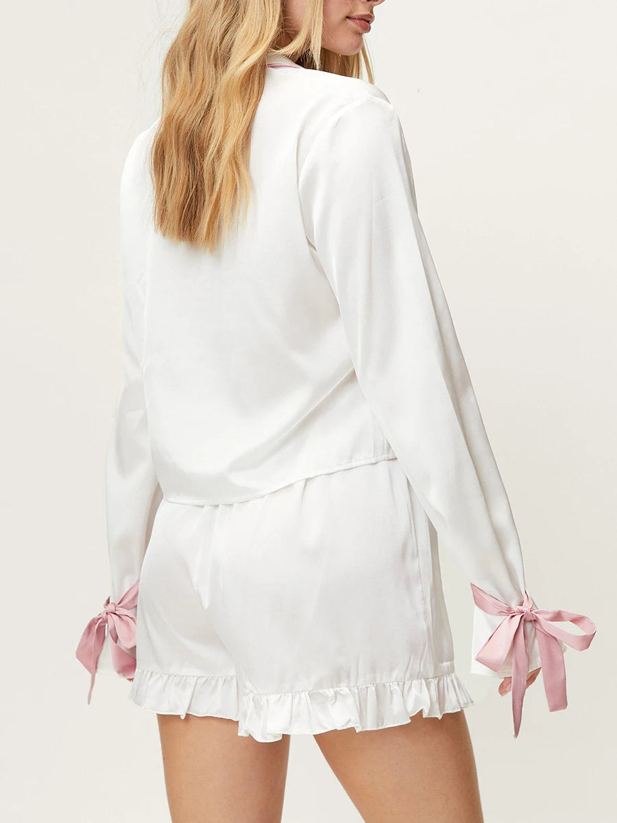 Women Pajama Set Long Sleeve Tie-up Contrast Color Shirt with Shorts Sleepwear Loungewear
