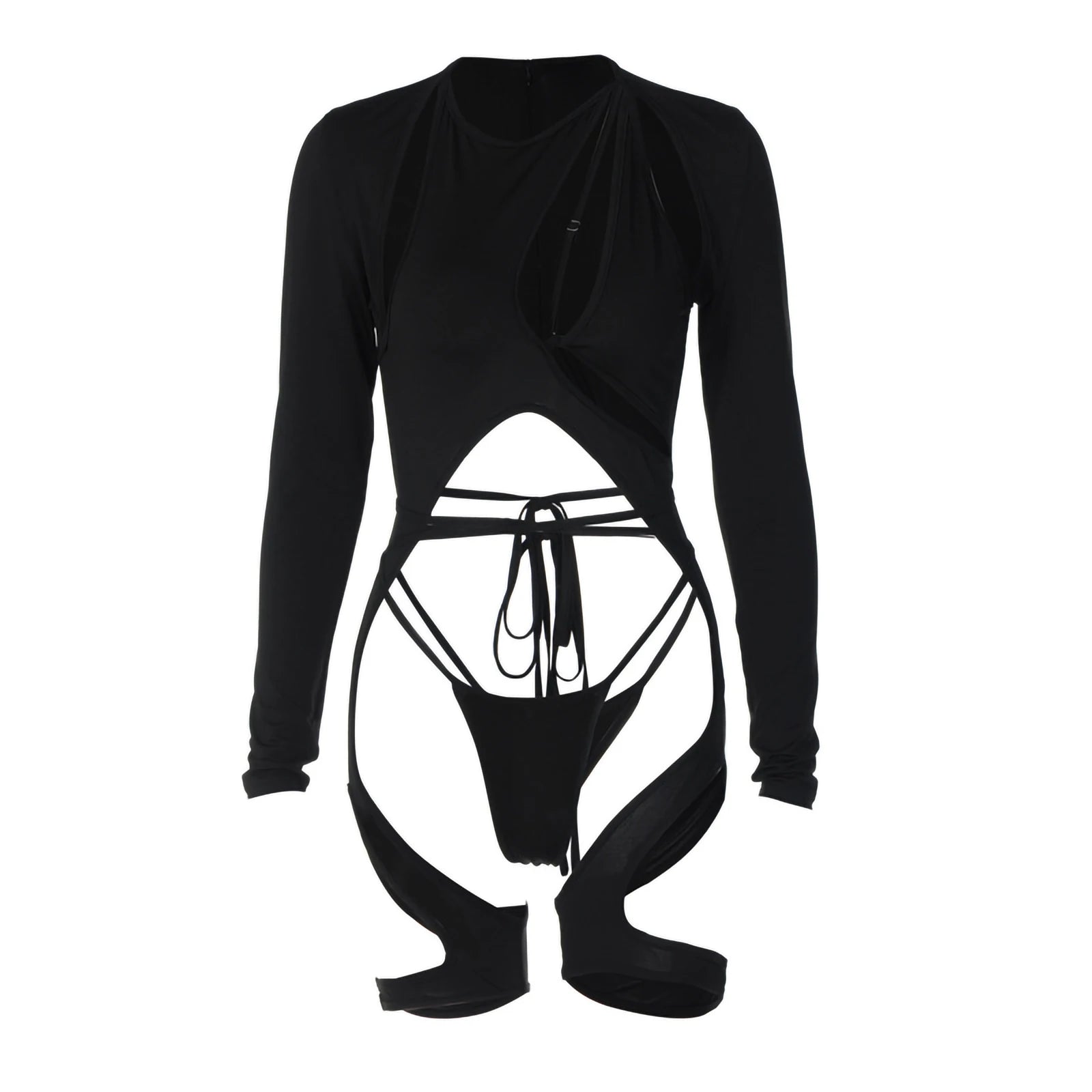Women Babydoll Lingerie Bodysuit Irregular Cutout Long Sleeve Sleepwear and Bandage Thong Nightwear