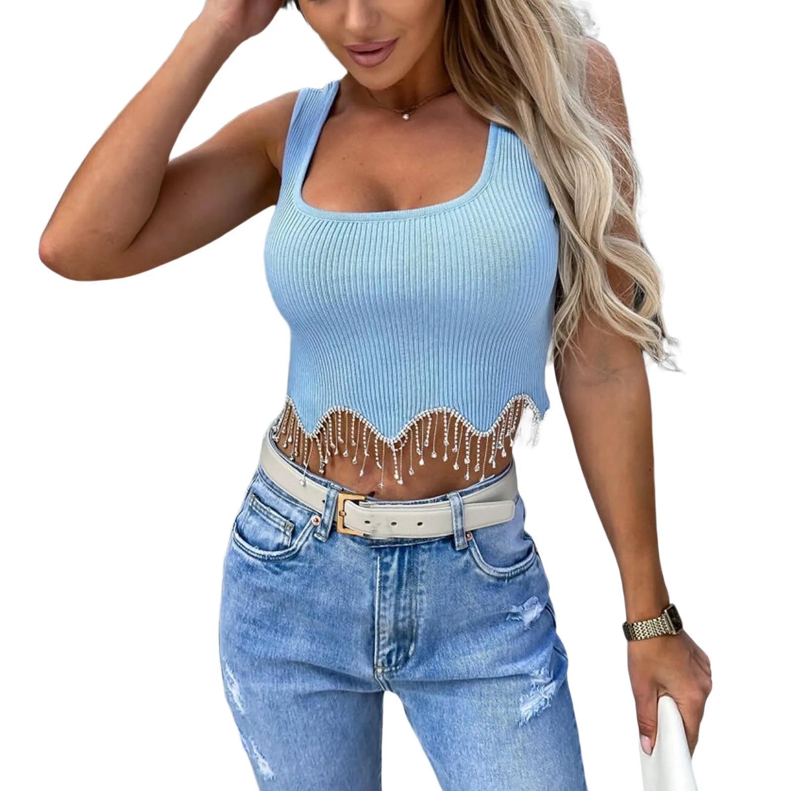 Women Camisole Sleeveless Square Neck Tasseled Rhinestones  Fit Summer Tops for Party Club