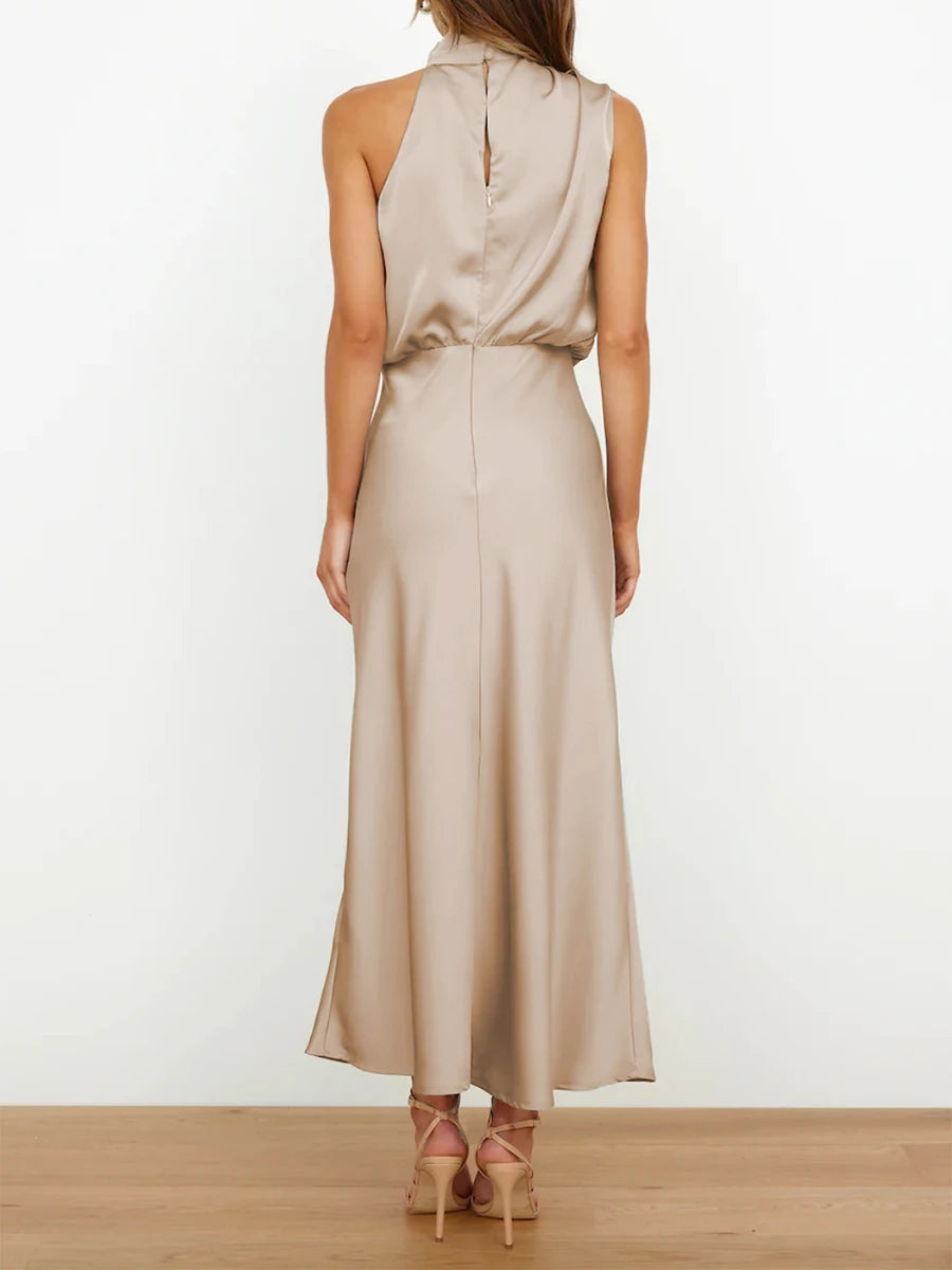 Women Long Satin Dress Elegant Sleeveless Turtleneck Solid Summer Dress for Cocktail Party