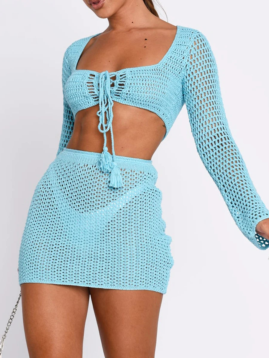 Women 2 Pieces Beachwear Outfits Square Neck Long Sleeve Tie-Up Front Knitted Cover-Ups and Sarongs Mini Skirts Set