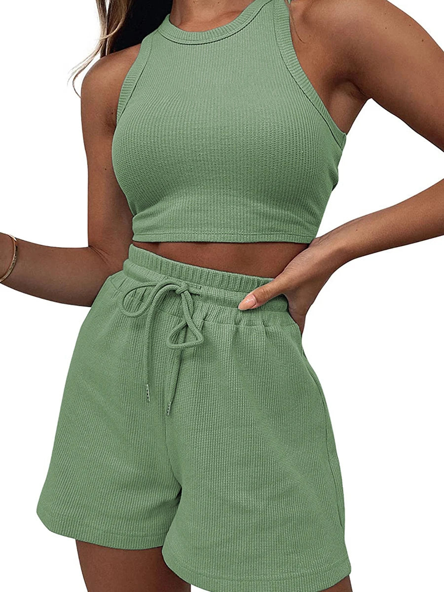Women’s Two Piece Summer Outfits Sleeveless Waffle Tank Tops and Shorts Set Loungewear