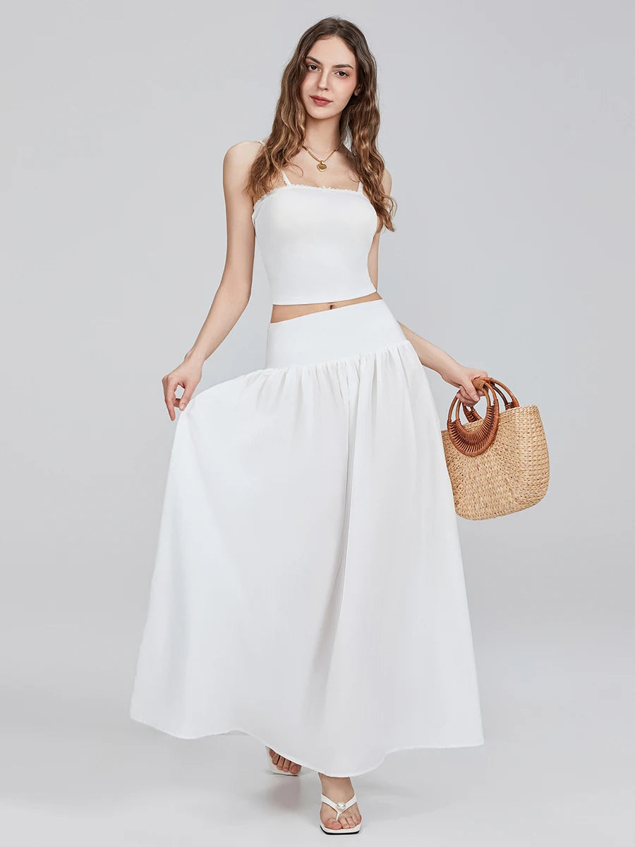 Women s Long Skirt Loose Fitting Elastic Waist Ruched Detail Solid Color Skirt for Spring Summer