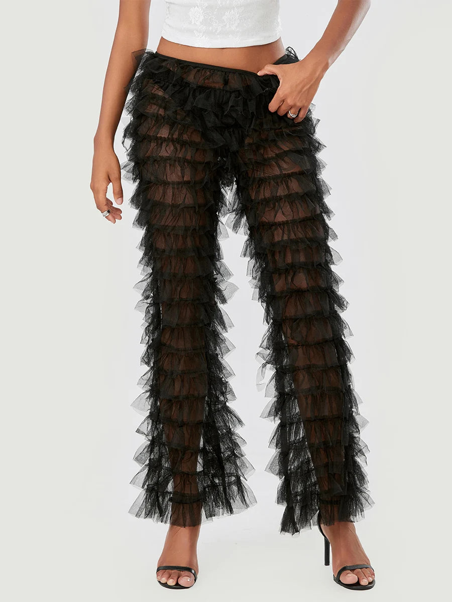 Women s Summer Casual Wide Leg Pants Black Tiered Sheer Flared Pants Fashion Bell-bottom Pants