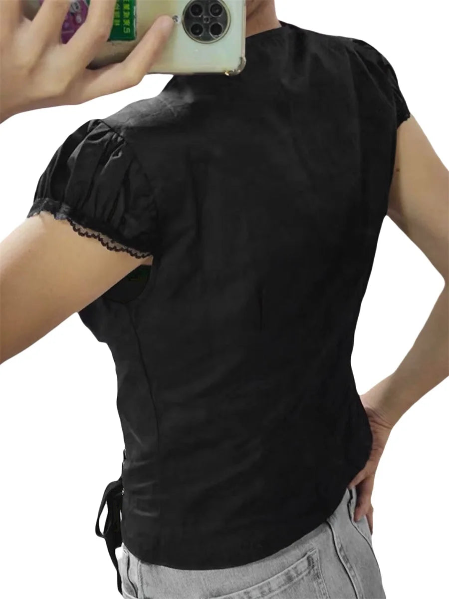 Women Lace Tops 1 4 Sleeve Round Neck Ruffle Buttons Party Casual Spring Summer Black Shirt