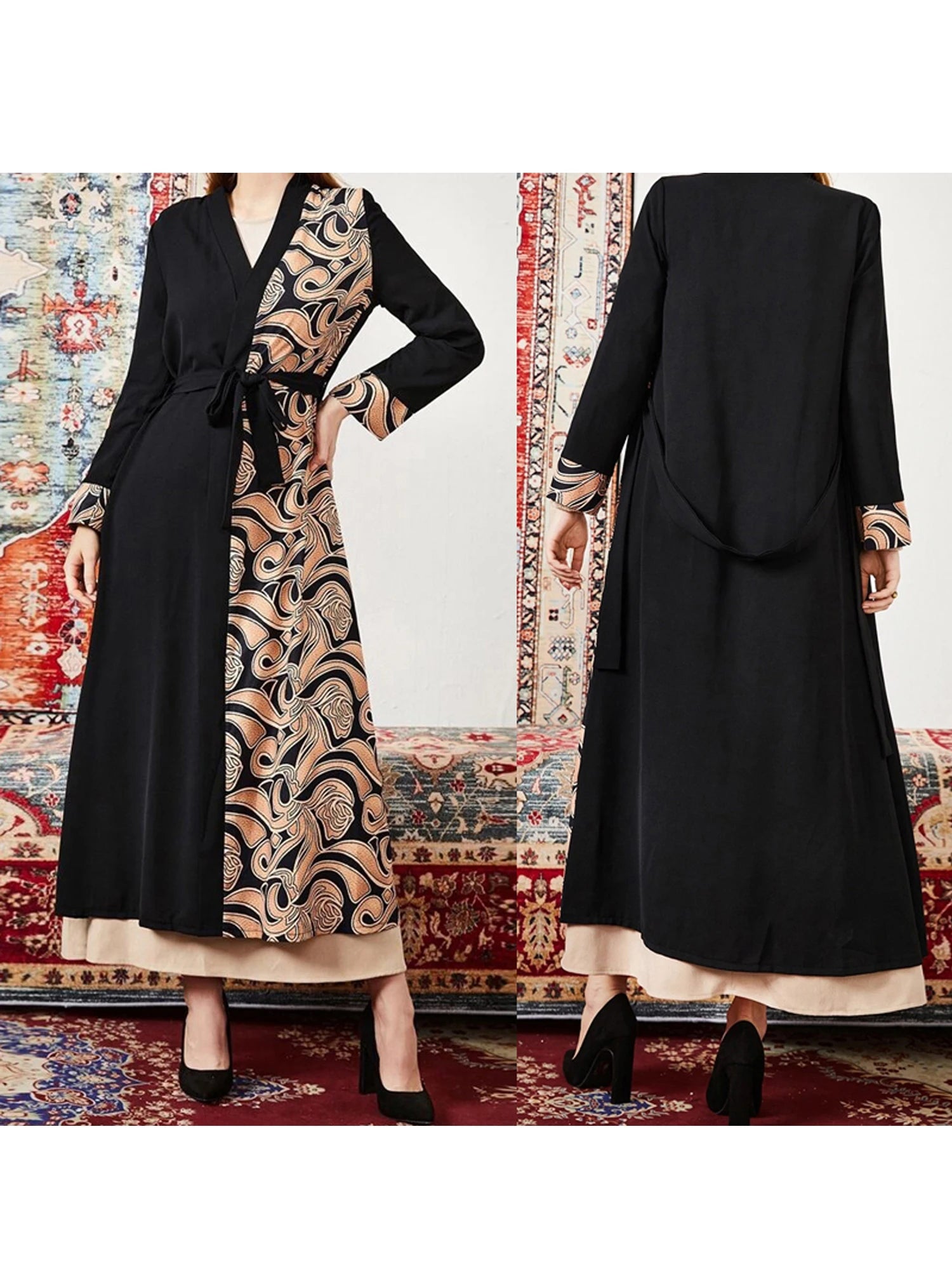 Elegant Floral Print Maxi Dress with Bell Sleeves and Waist Tie for Women Perfect for Any Occasion and Season